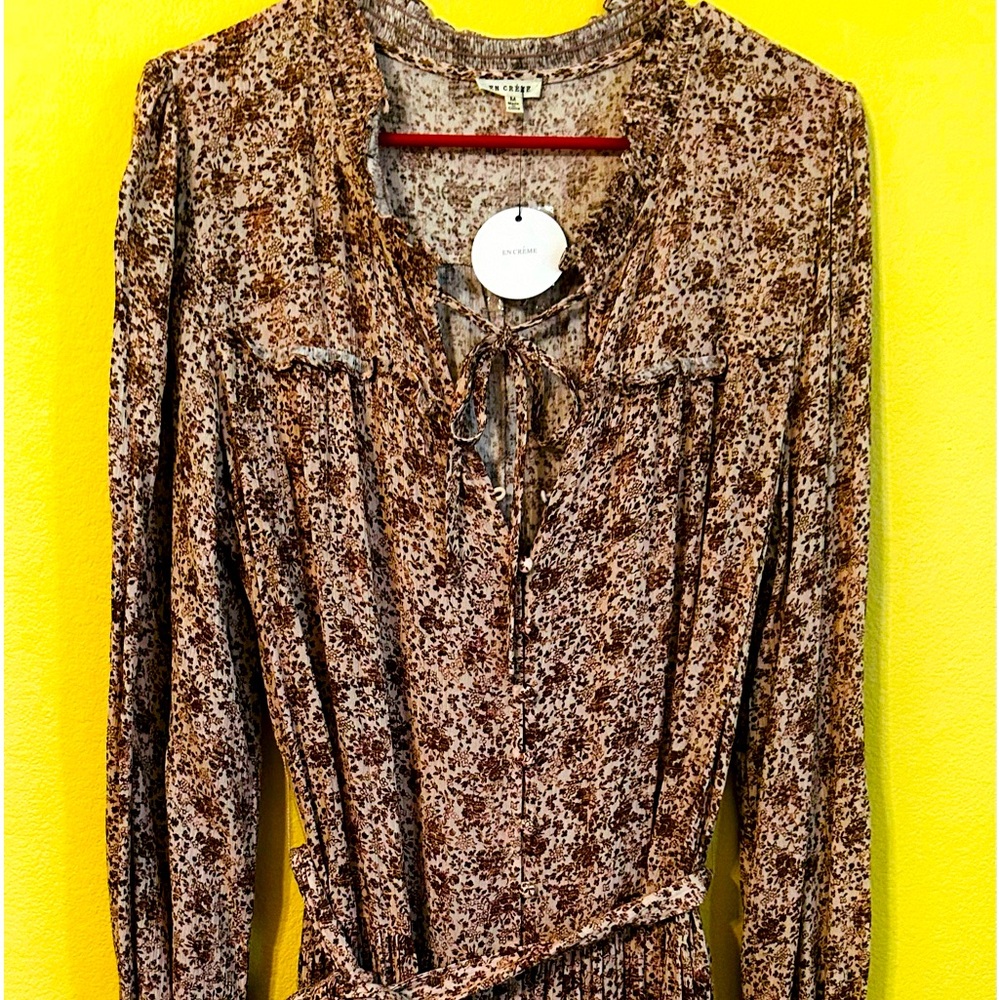 NWT Womens En Creme Floral Brown Ruffle Dress